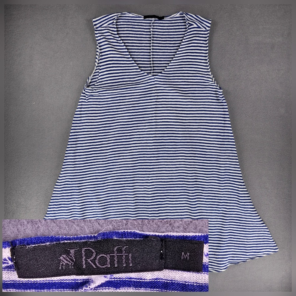 Raffi 100% Linen Shift Dress Women Medium Blue White Striped Greek Greece Cruise